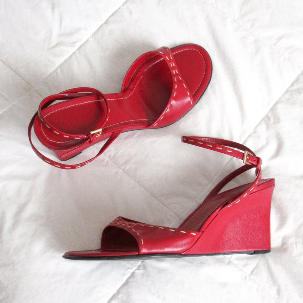 FRANCO SARTO Red Ankle Strap Wedge Heels Open Toe Sandals Sexy Chic Pair! - Picture 3 of 13